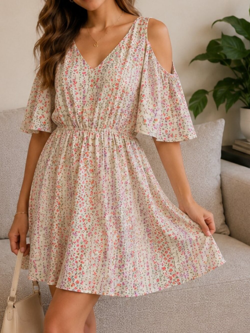 FRAICHE BY J Cream Ditsy Floral Cold Shoulder Flutter Sleeve Mini Dress Sz S USA